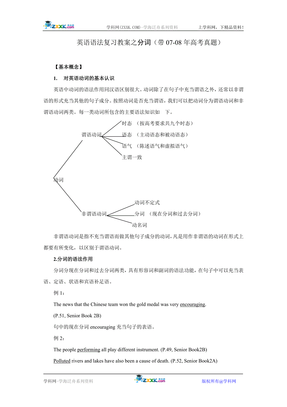 2009届高三英语语法复习教案之分词（带07-08年高考真题）.doc_第1页