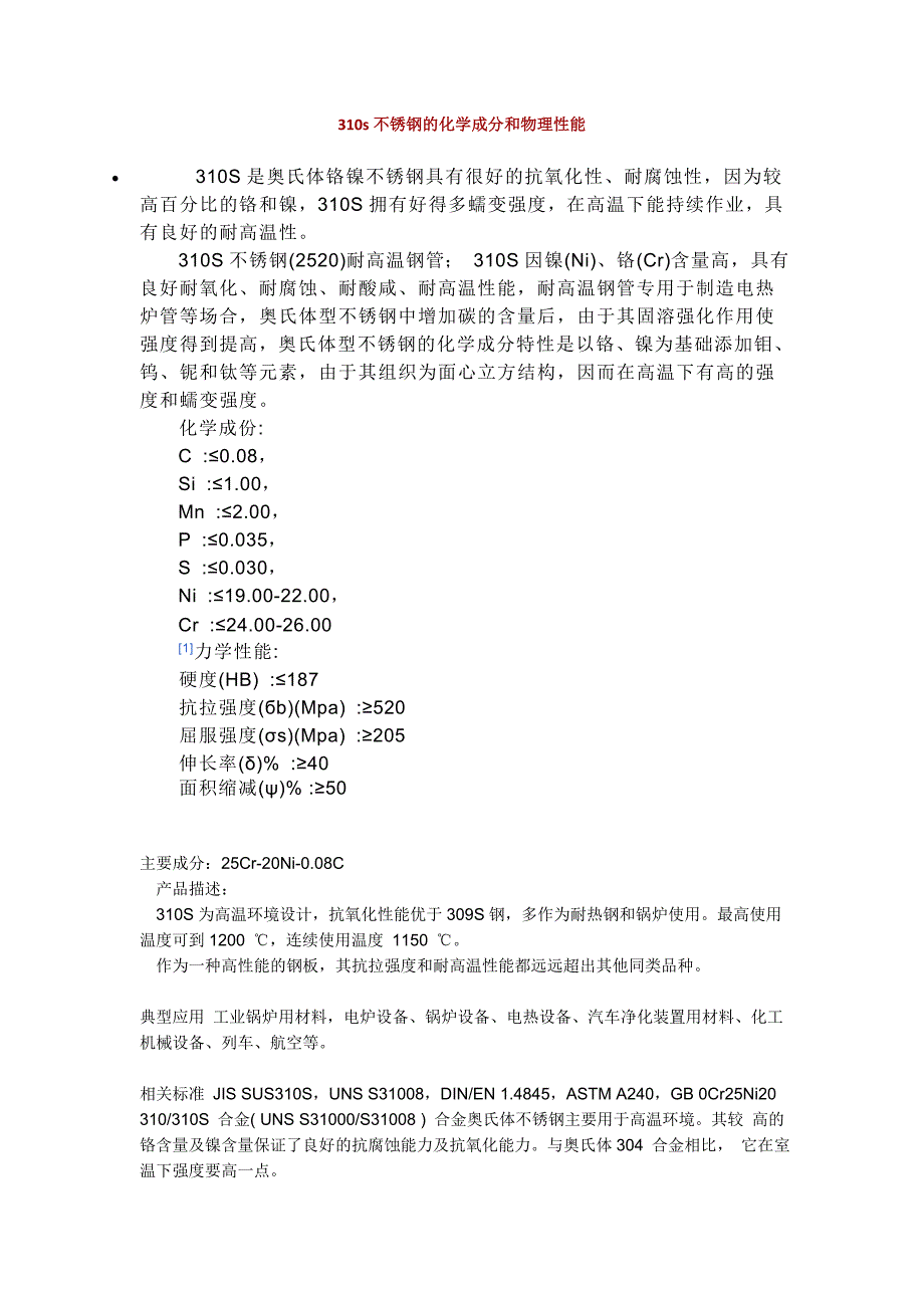 310s不锈钢的化学成分和物理性能_第1页