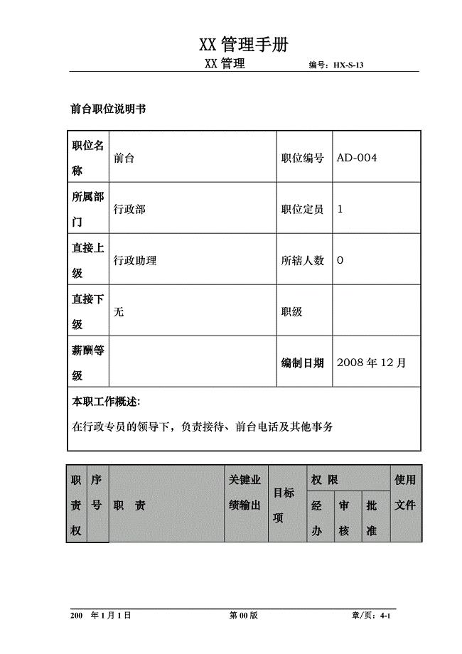 某航空物流公司前台职位说明书及关键绩效标准