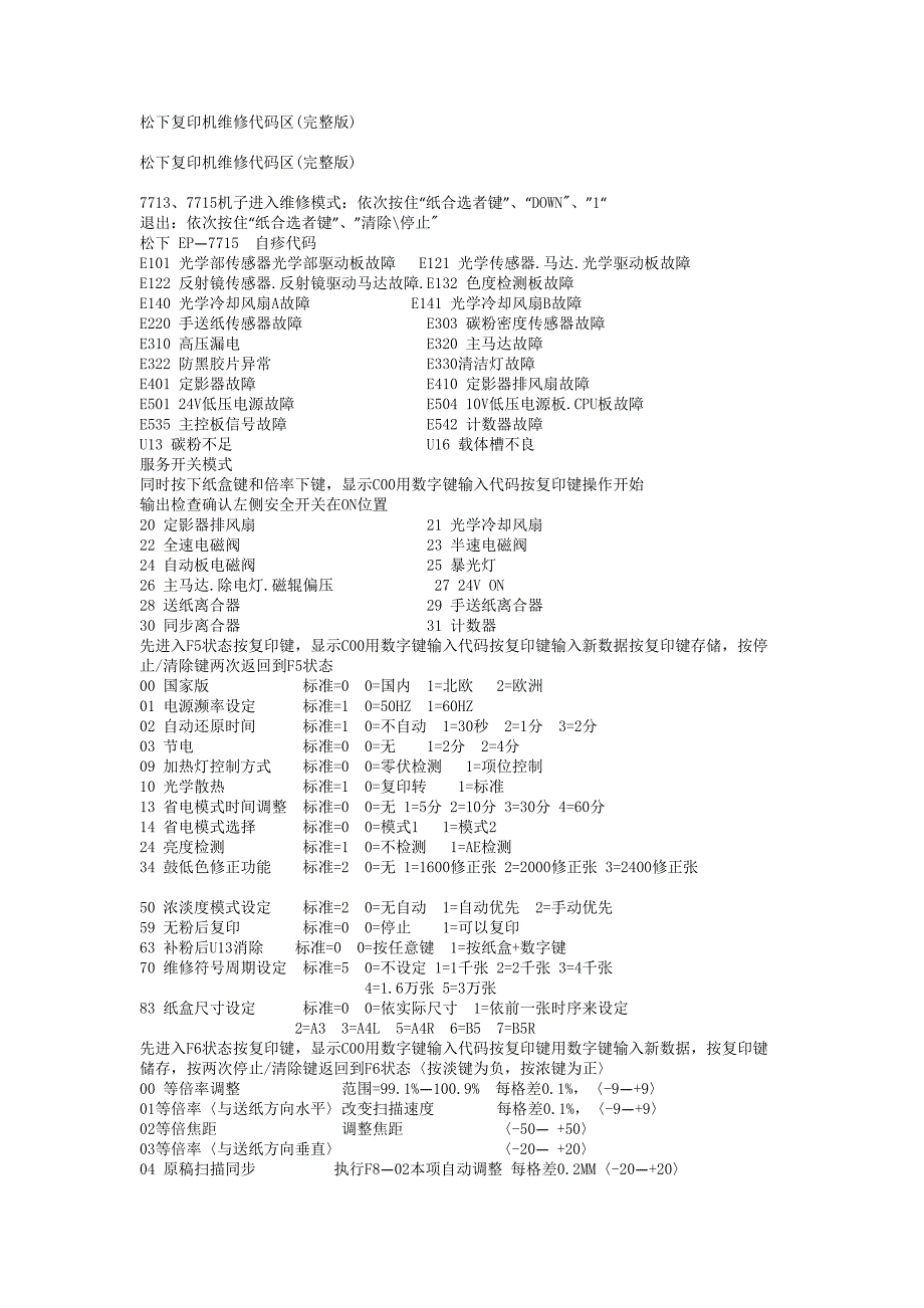 松下复印机维修代码大全.docx_第1页