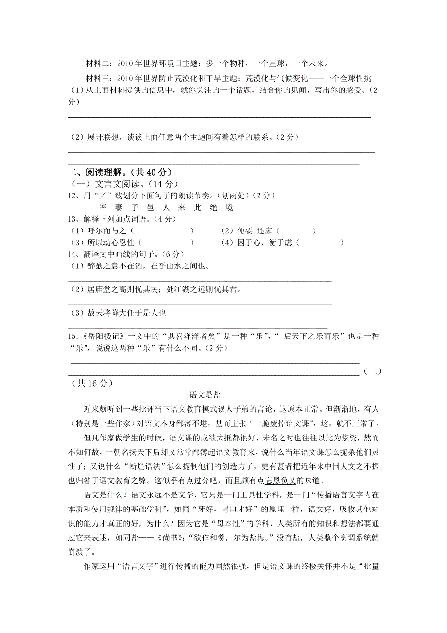 中考语文模拟试卷九_第3页