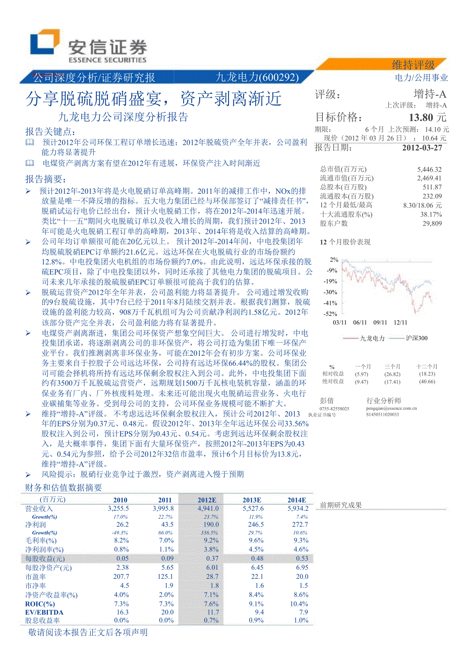 九龙电力(600292)深度分析：分享脱硫脱硝盛宴资产剥离渐近0328_第1页