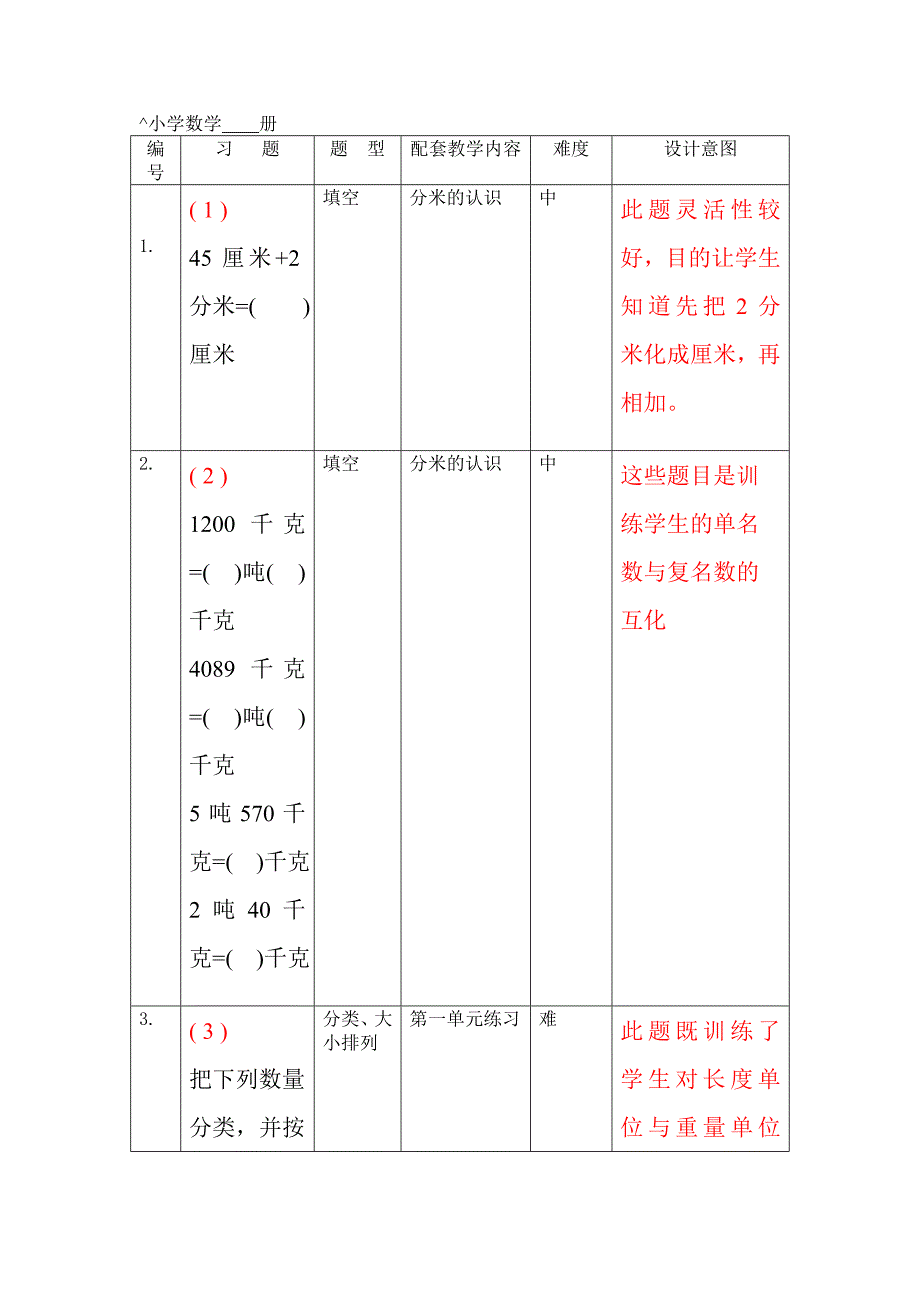 新人教版三年级数学上册练习题库及设计意图_第1页