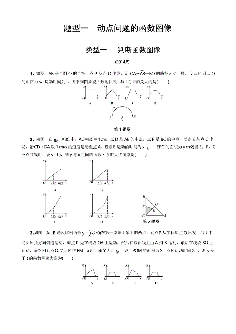 2020年中考数学题型专练一 动点问题的函数图像_第1页