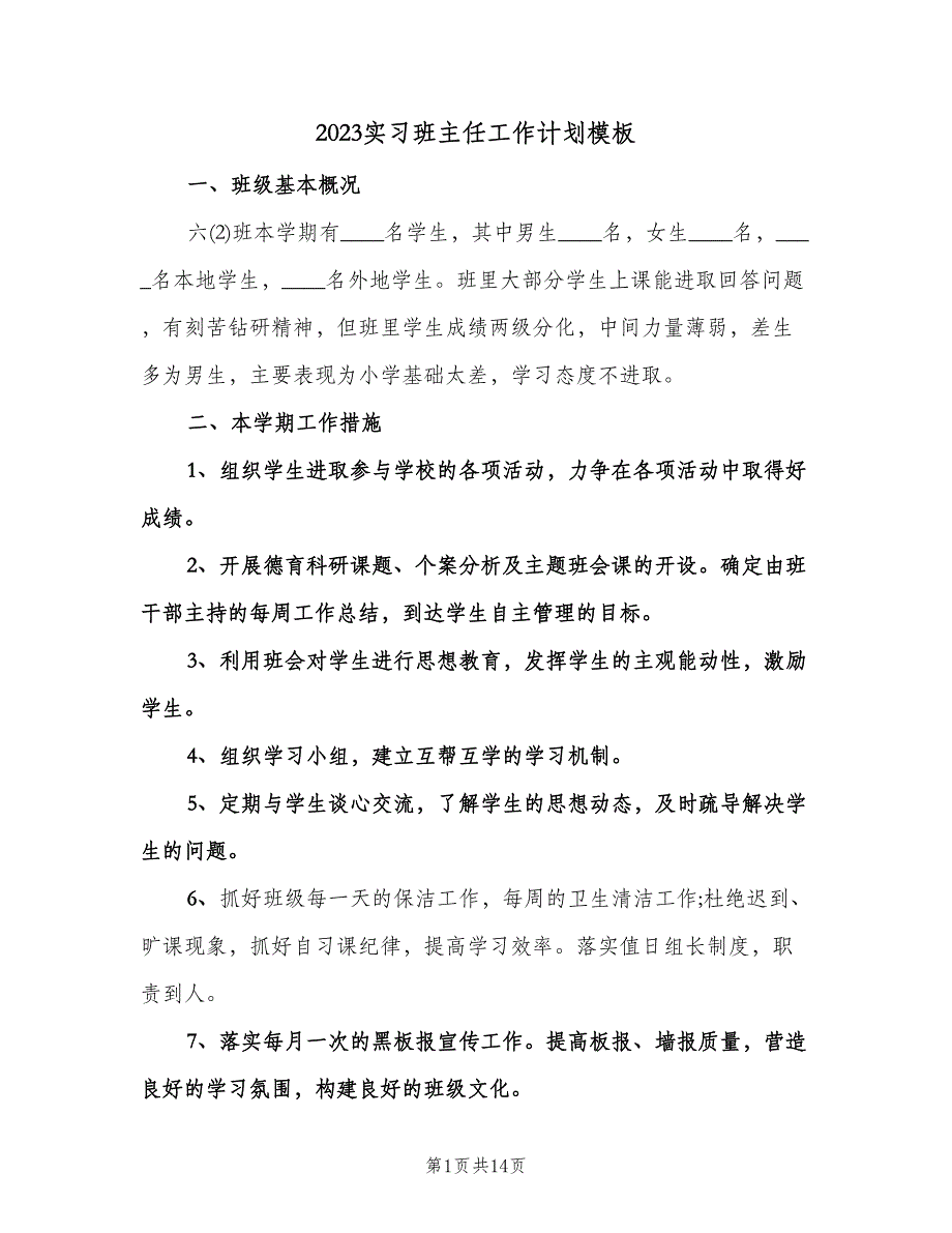 2023实习班主任工作计划模板（五篇）.doc_第1页