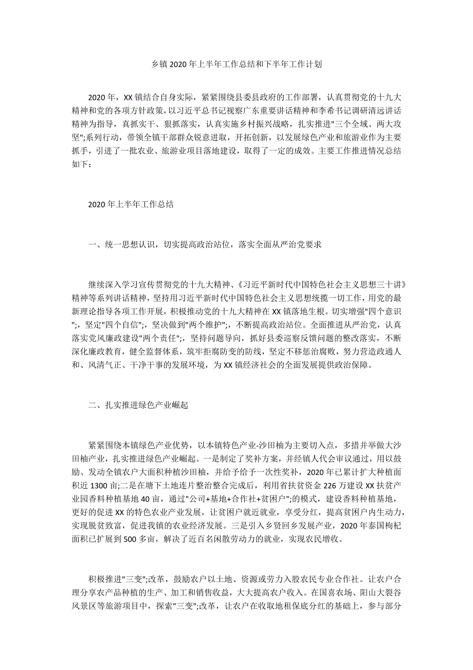 乡镇2020年上半年工作总结和下半年工作计划_第1页