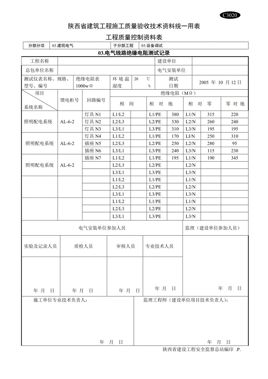 C3020电气线路绝缘电阻测试记录_第1页