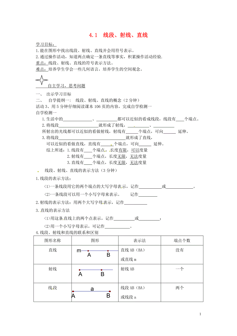 七年级数学上册 第四章 基本平面图形 4.1 线段、射线、直线学案（无答案）（新版）北师大版_第1页