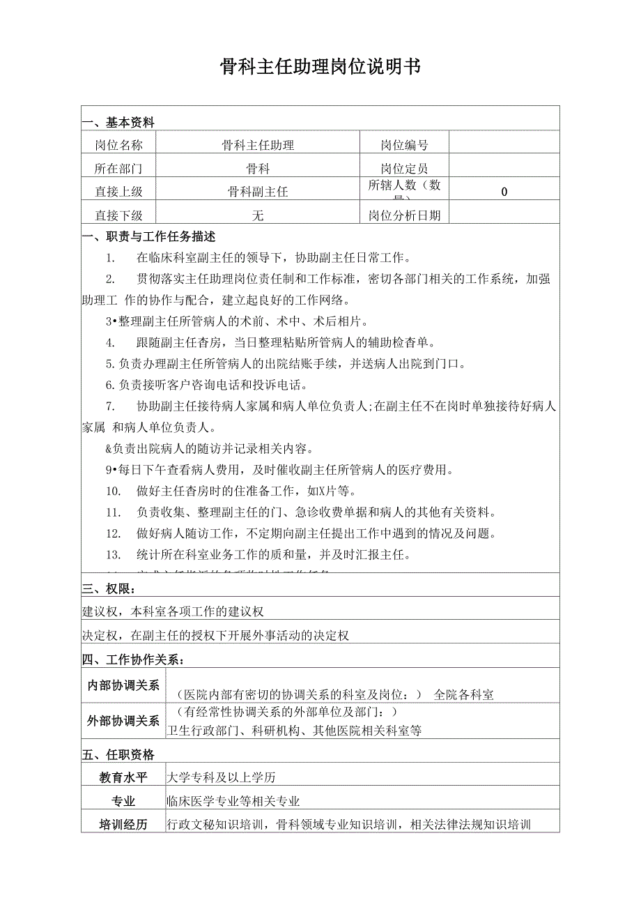 骨科主任助理岗位说明书_第1页