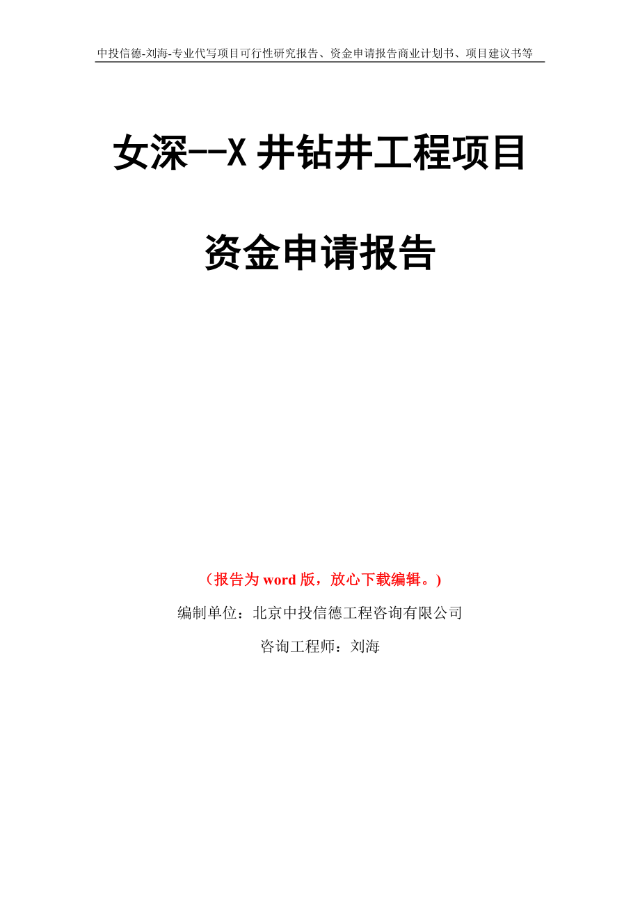 女深--X井钻井工程项目资金申请报告写作模板代写_第1页