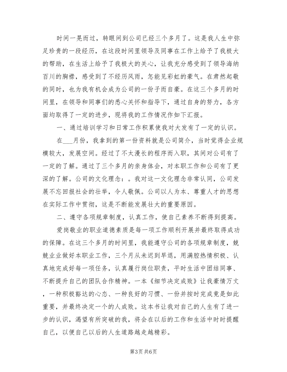 2022年新员工三个月转正工作总结_第3页