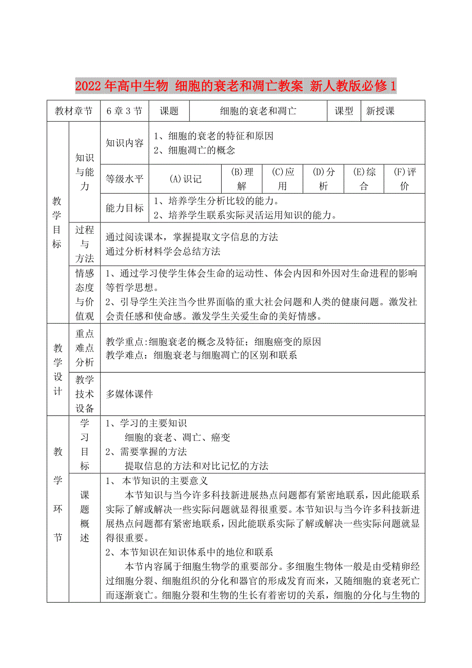 2022年高中生物 细胞的衰老和凋亡教案 新人教版必修1_第1页