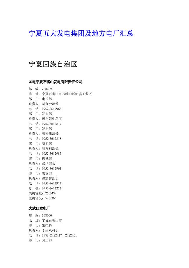 宁夏五大发电集团及地方电厂汇总.doc
