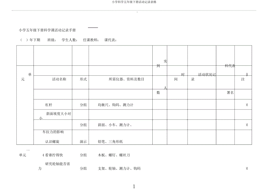 小学科学五年级下册活动记录表格.docx_第1页