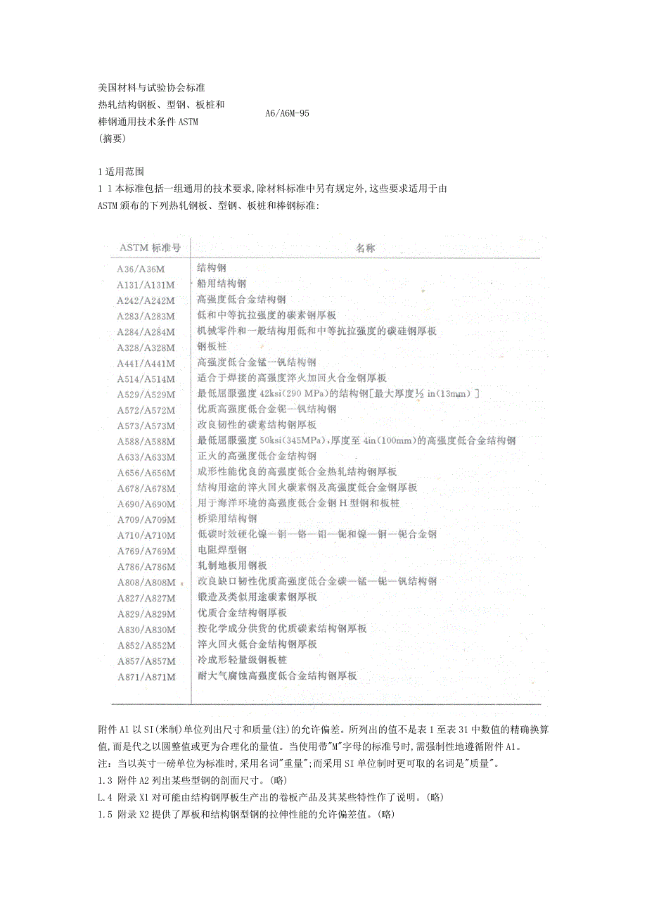 ASTM A6-95热轧结构钢板型钢棒材通用技术条件_第1页