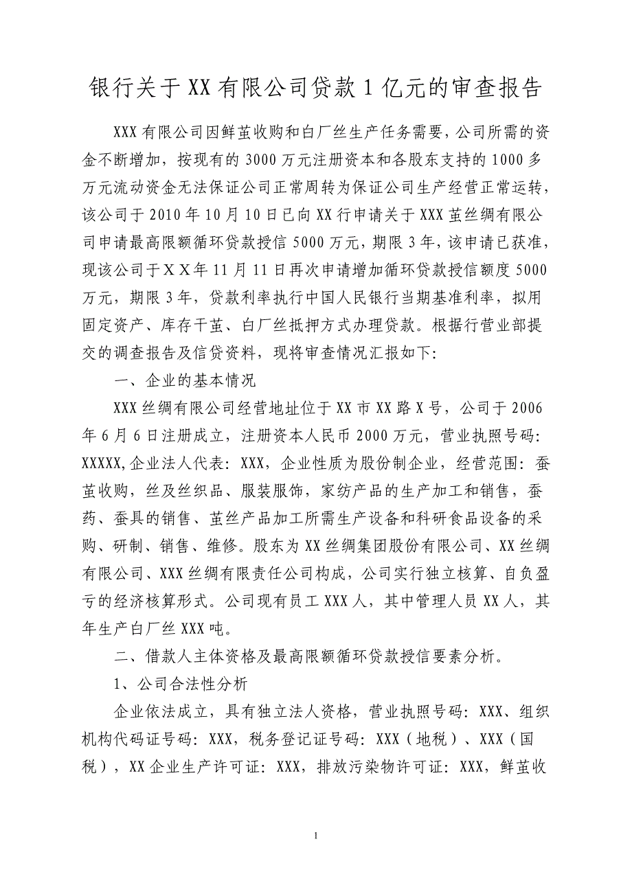 银行关于XX有限公司贷款1亿元的审查报告_第1页