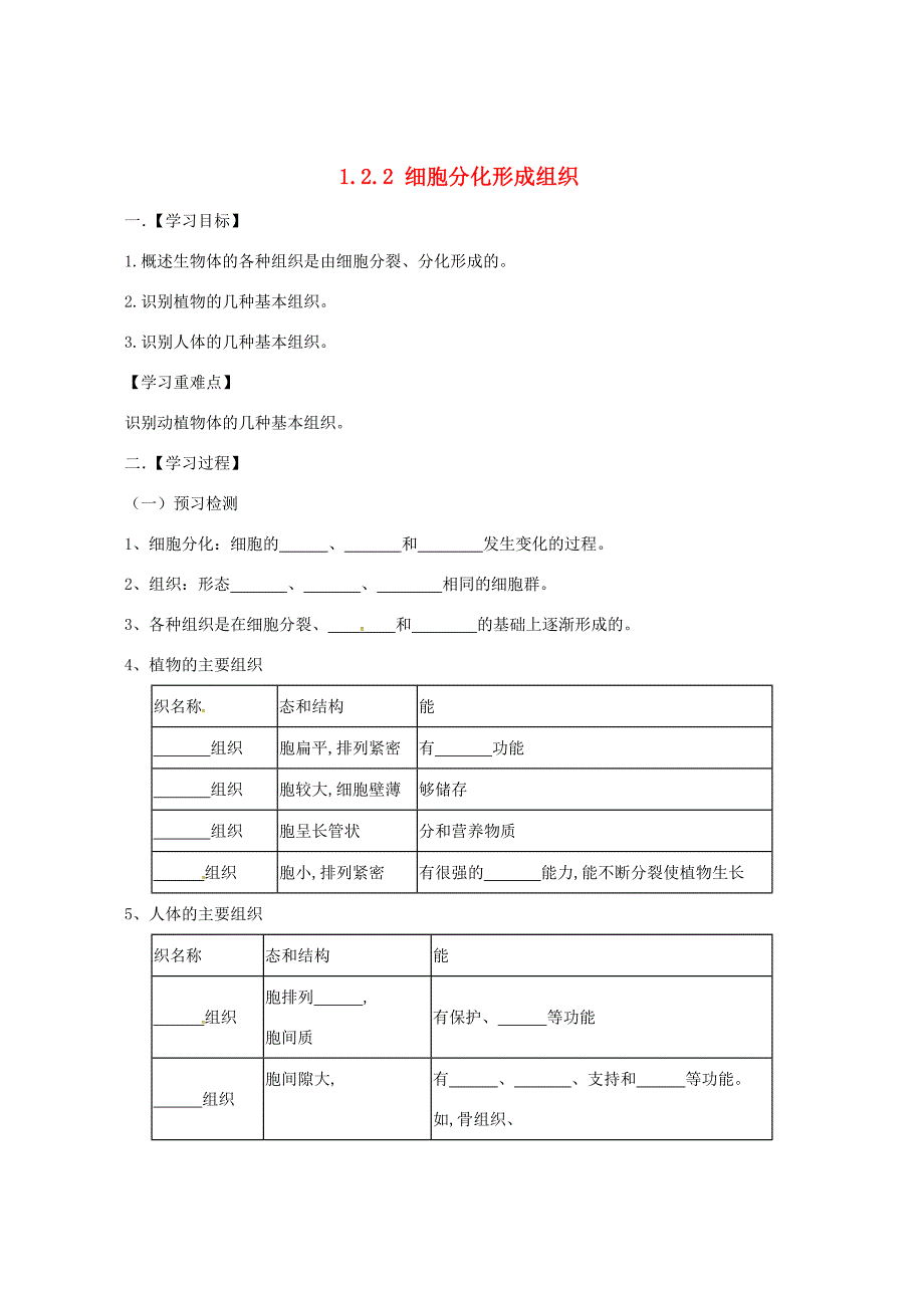 七年级生物上册1.2.2细胞分化形成组织导学案新版冀教版新版冀教版初中七年级上册生物学案_第1页
