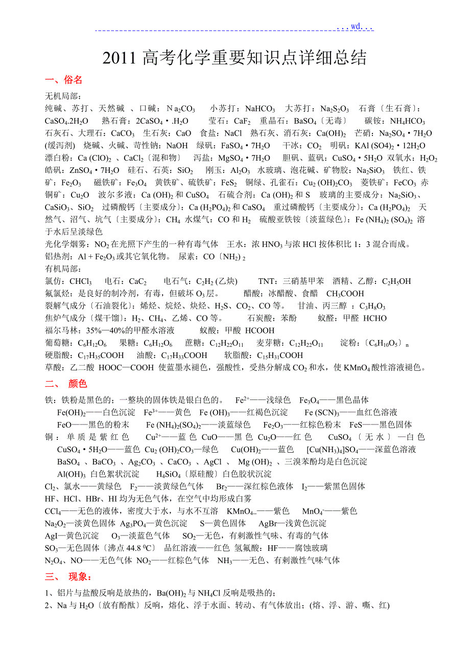 2011年高考化学重要知识点详细总结_第1页