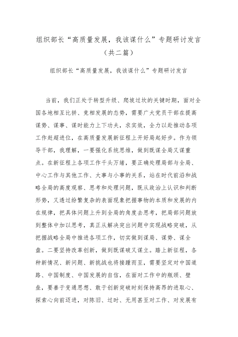 组织部长“高质量发展我该谋什么”专题研讨发言(共二篇)_第1页