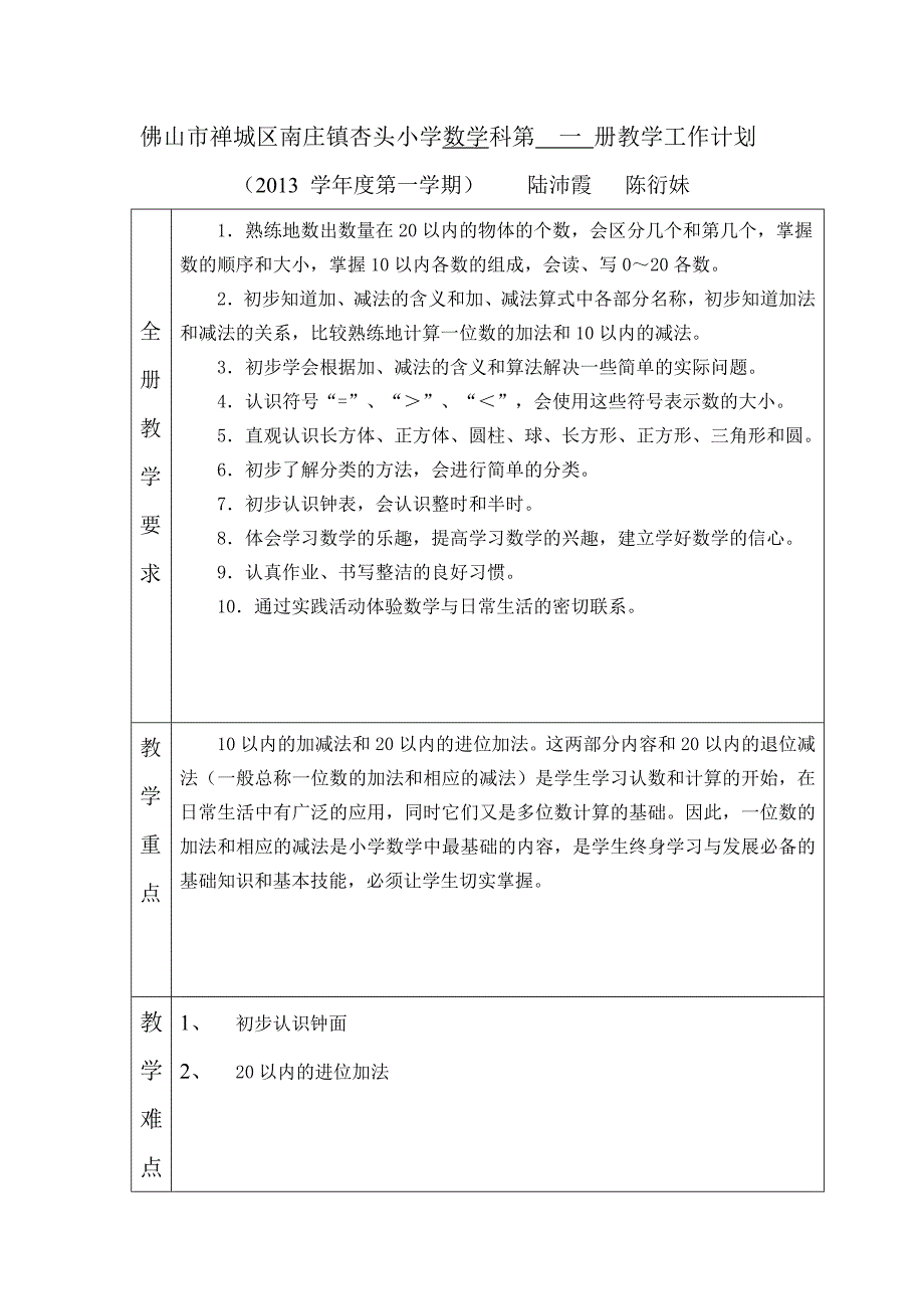 一年级数学计划上册_第1页