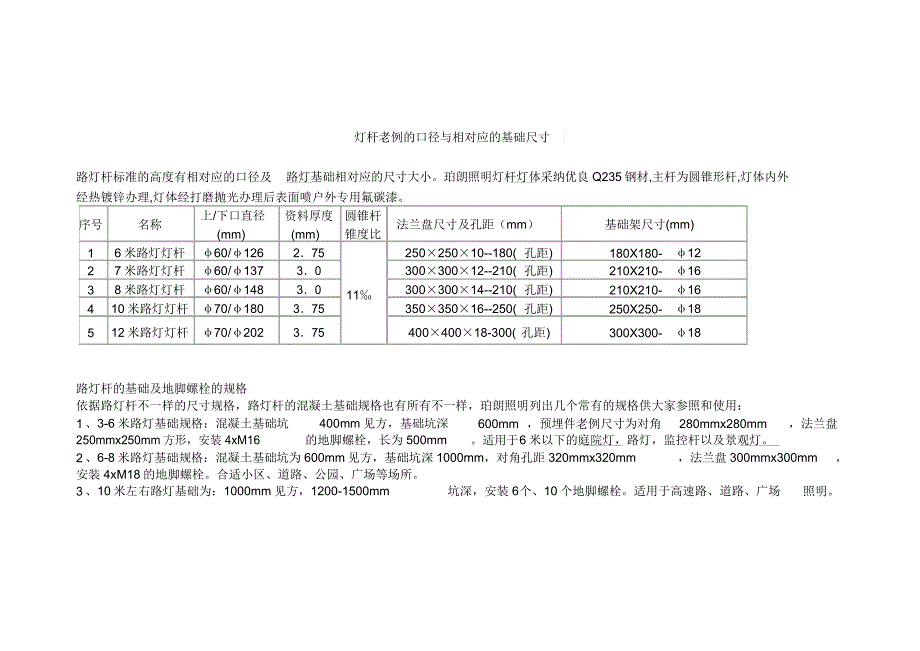 灯杆常规口径与相对应基础尺寸.docx_第1页