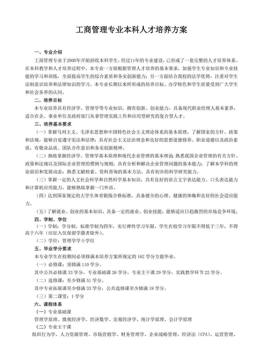 工商管理专业本科人才培养方案(共6页)_第1页