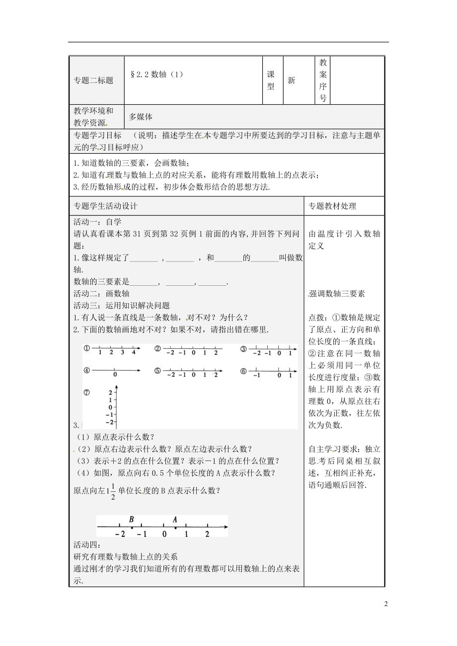 山东省潍坊高新技术产业开发区东明学校七年级数学上册2.2数轴导学案1无答案新版青岛版_第2页