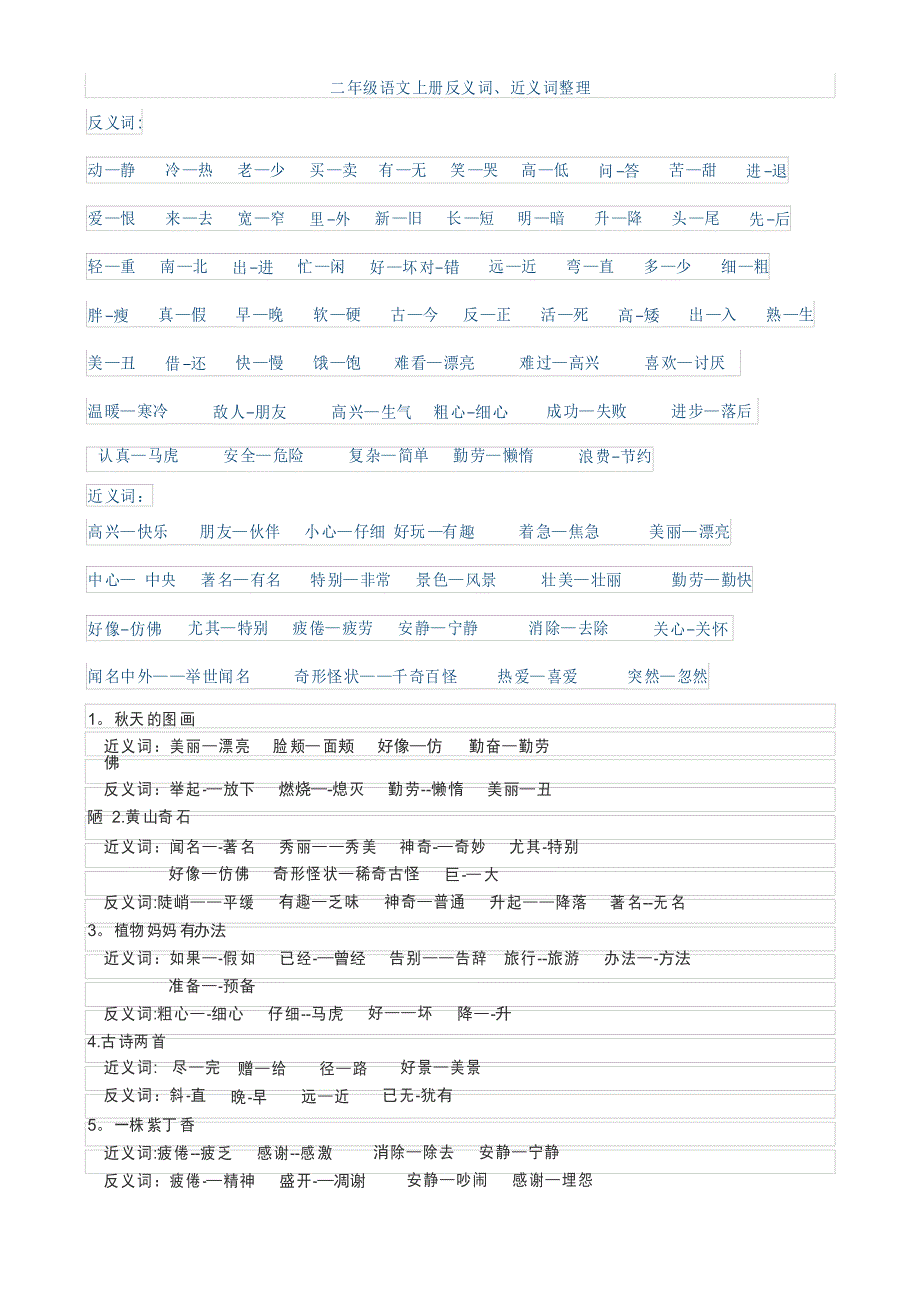 二年级语文上册反义词、近义词整理_第1页