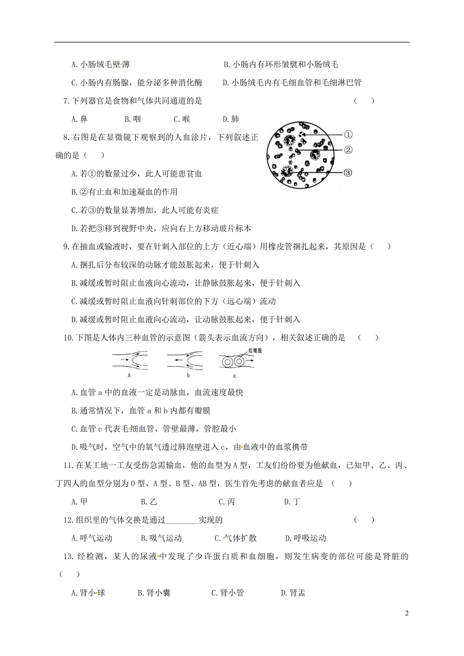 河北省秦皇岛市抚宁区台营学区2017-2018学年七年级生物下学期期末教学质量检测试题 新人教版_第2页