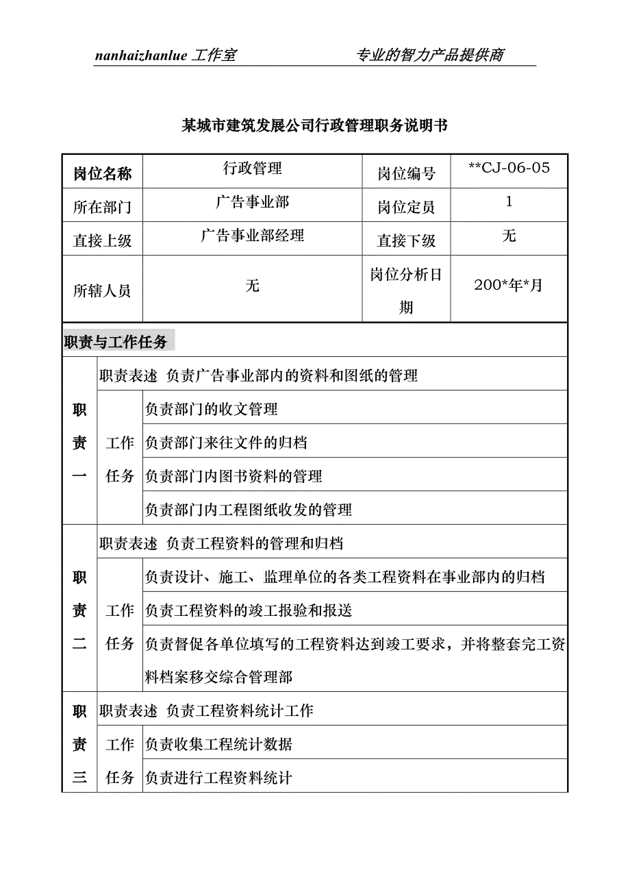 某城市建筑发展公司行政管理职务说明书._第1页