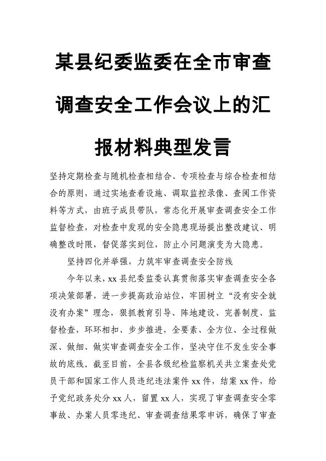 某县纪委监委在全市审查调查安全工作会议上的汇报材料典型发言