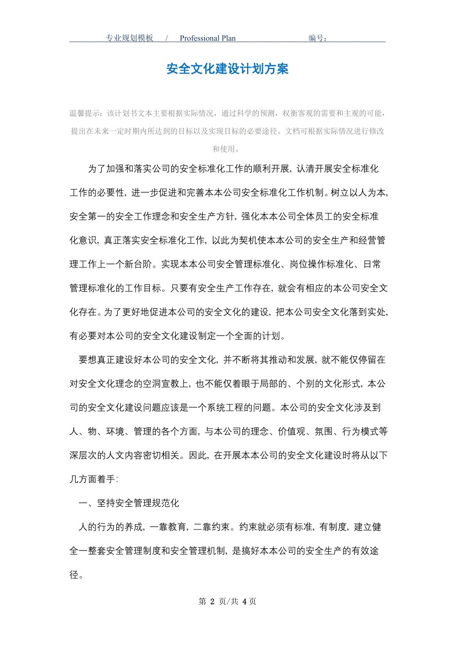 安全文化建设计划方案_精选范文_第2页