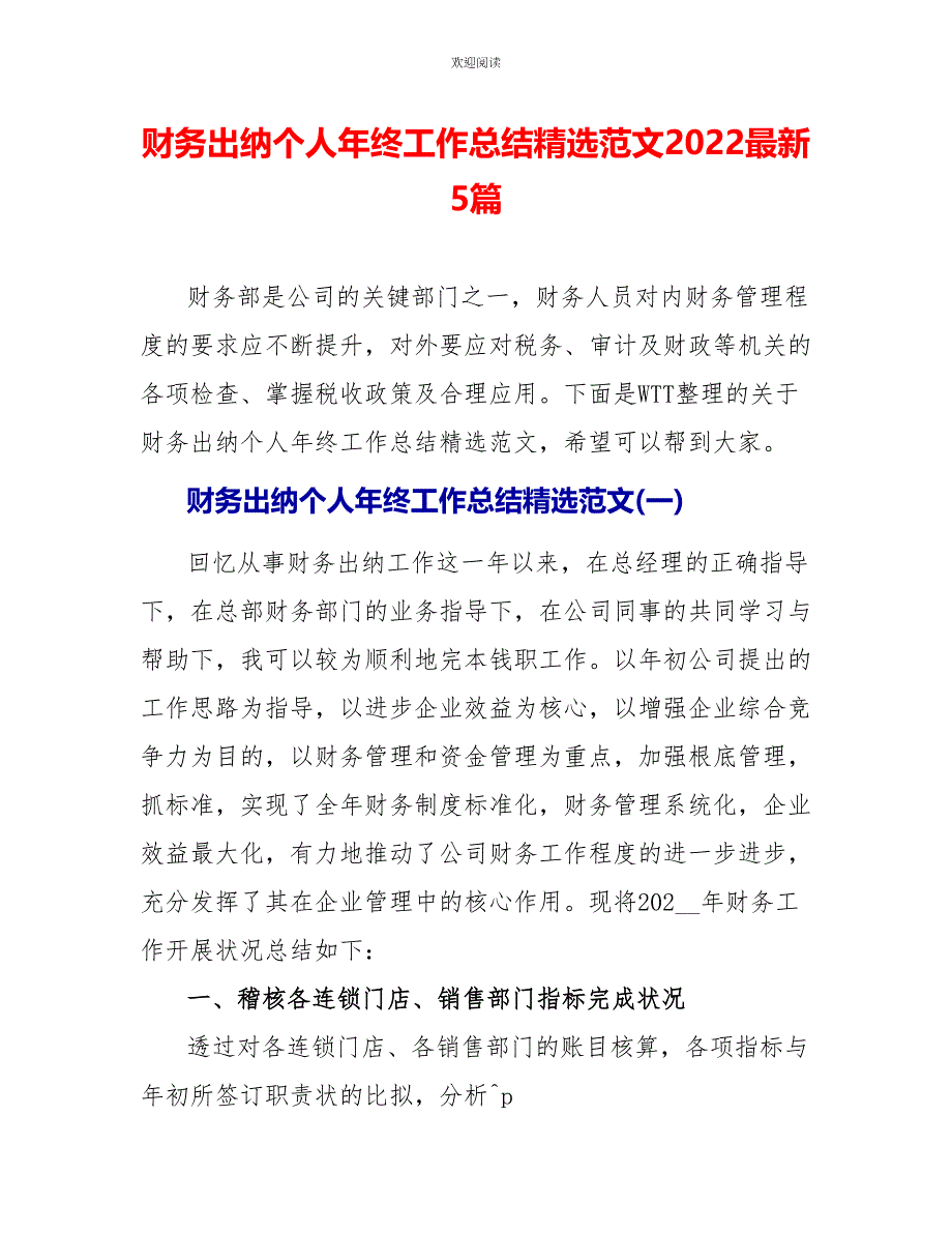 财务出纳个人年终工作总结精选范文2022最新5篇_第1页