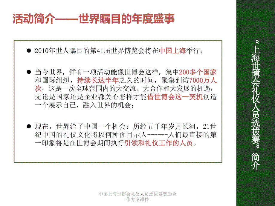 中国上海世博会礼仪人员选拔赛赞助合作方案课件_第4页