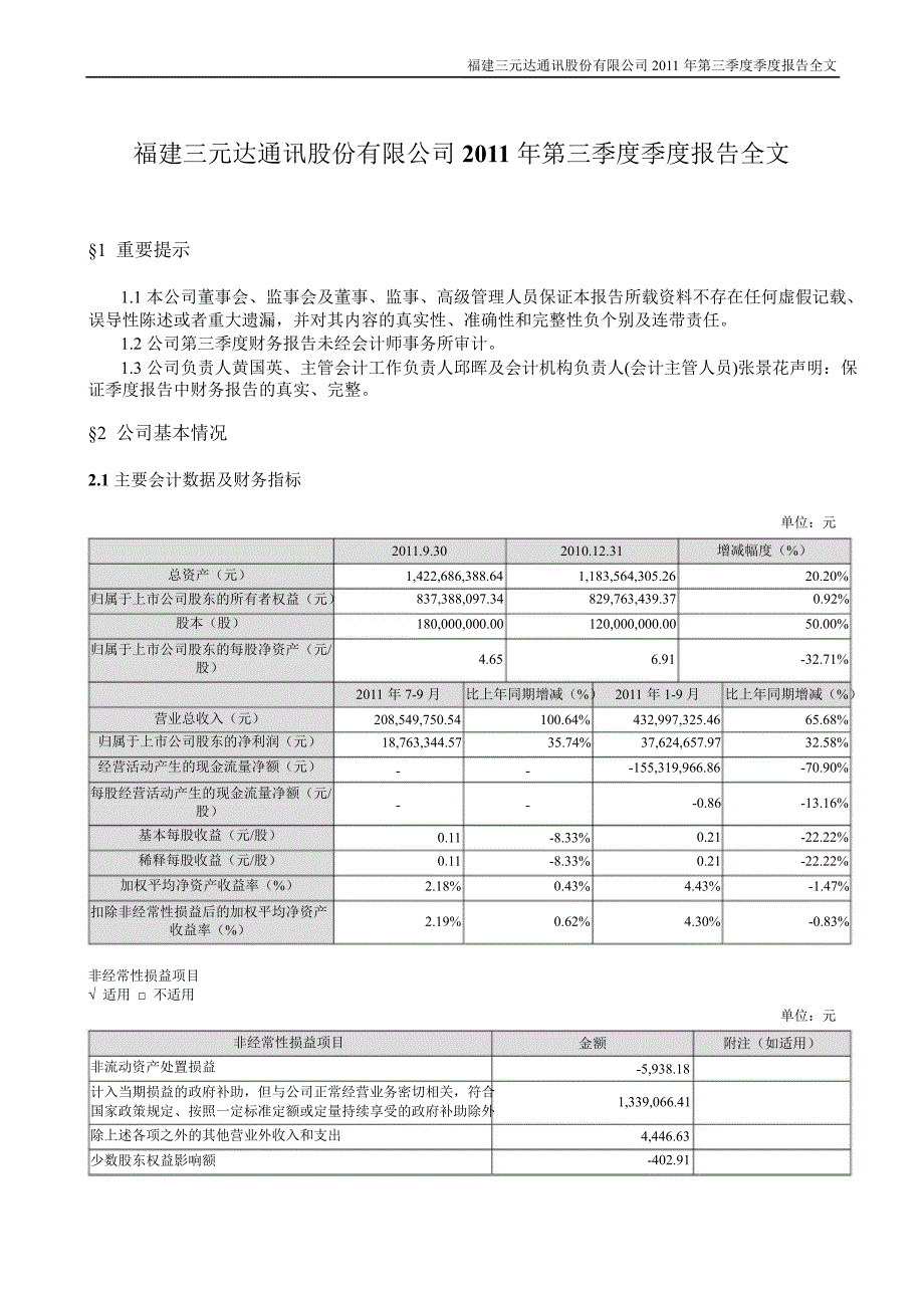 三元达：第三季度报告全文_第1页