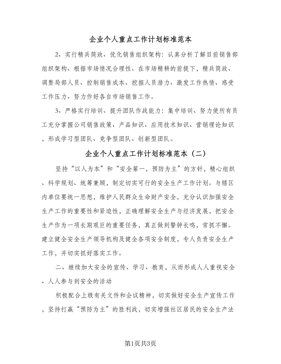 企业个人重点工作计划标准范本（二篇）_第1页