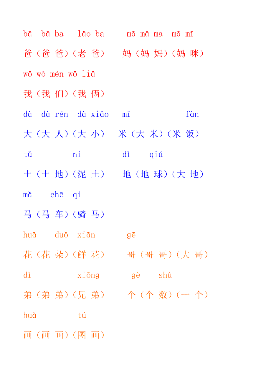 人教版小学一年级上册生字表组词双面打印_第1页