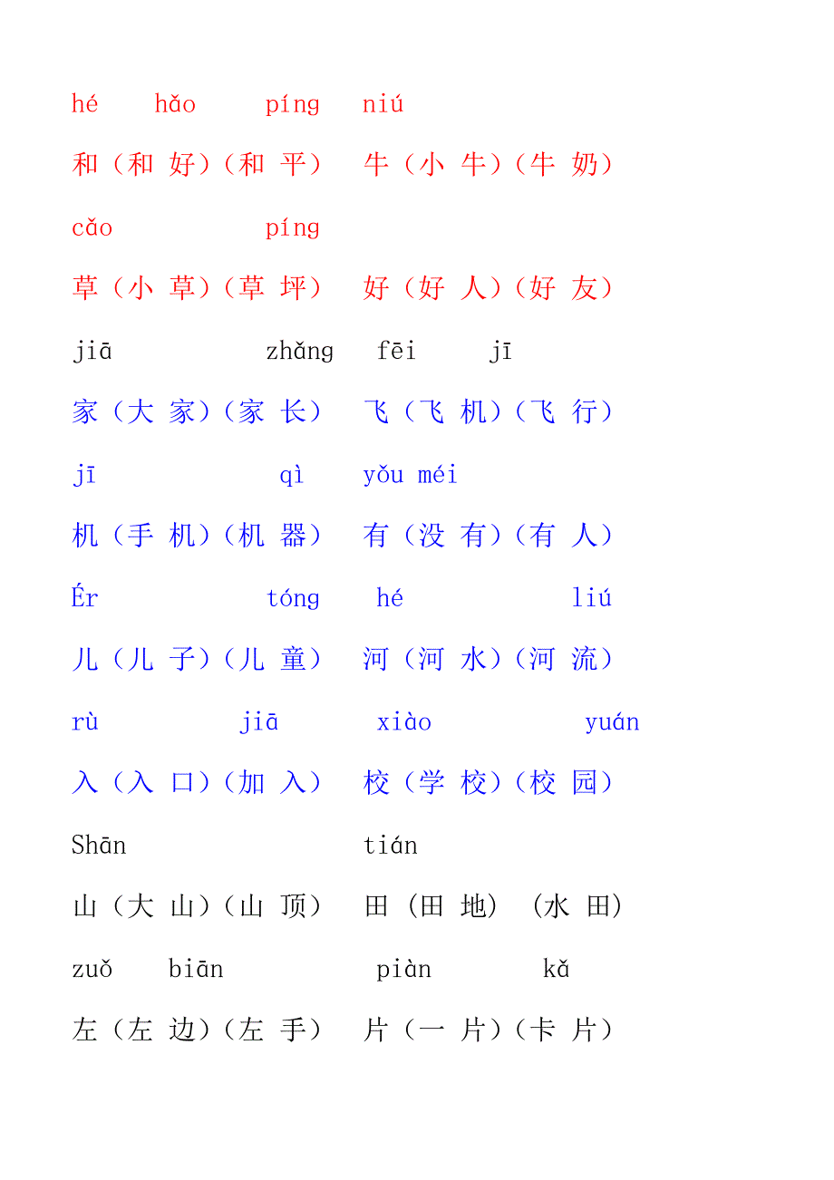 人教版小学一年级上册生字表组词双面打印_第4页