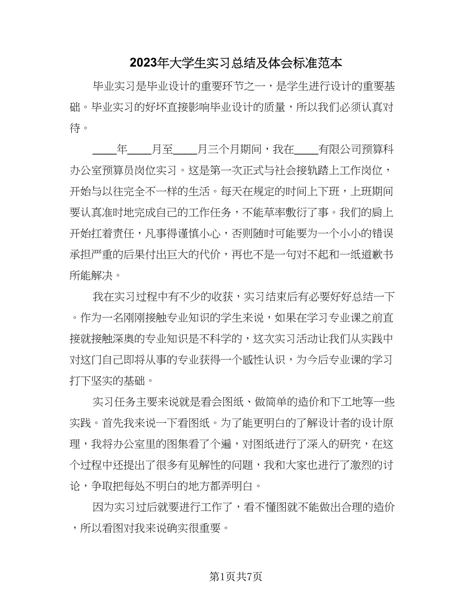 2023年大学生实习总结及体会标准范本（四篇）_第1页