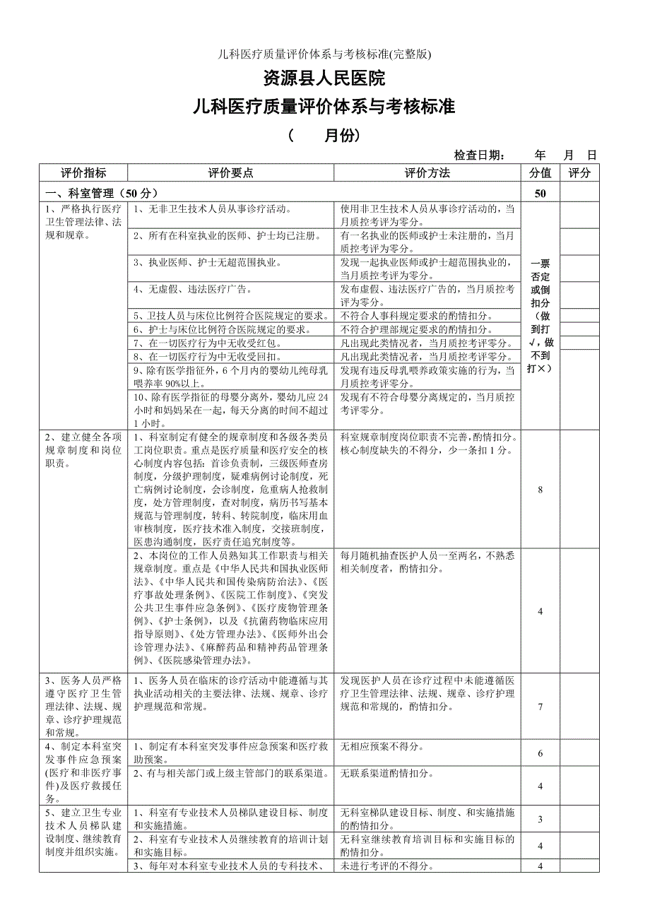 儿科医疗质量评价体系与考核标准(完整版)_第1页