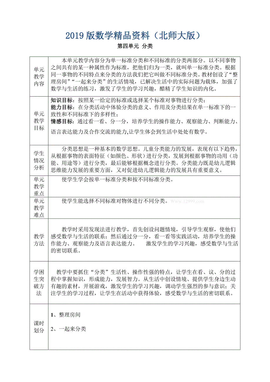 北师大版小学数学一年级上第四单元分类教案_第1页