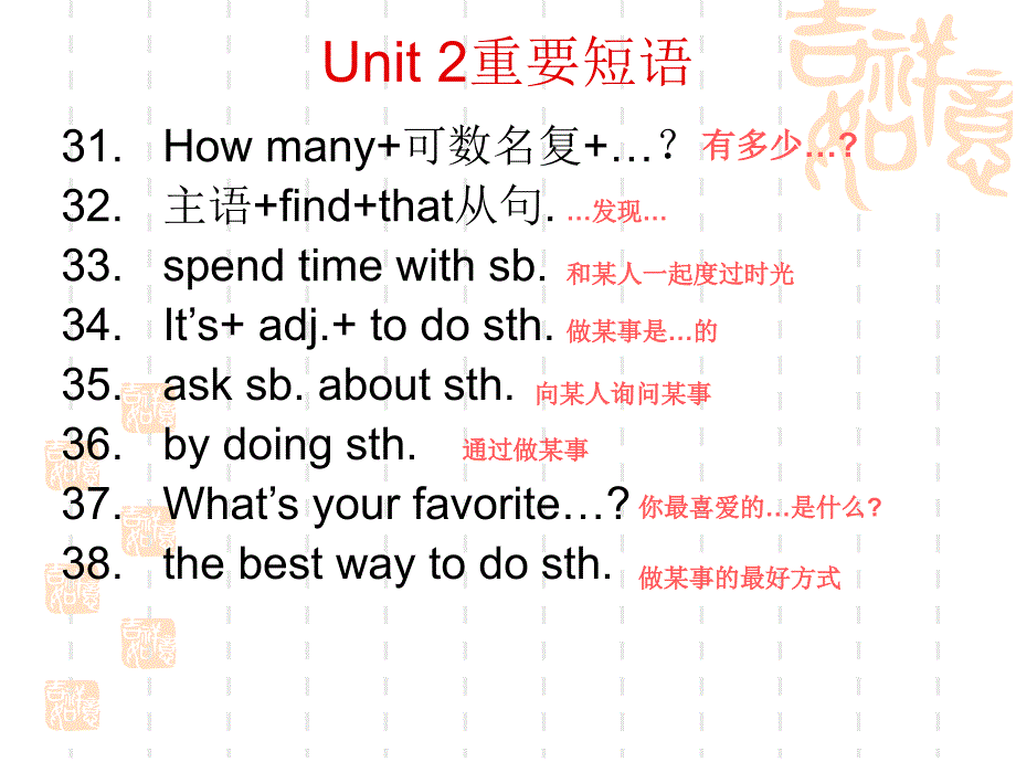 人教新目标八年级上册Unit2重要短语复习课件_第4页