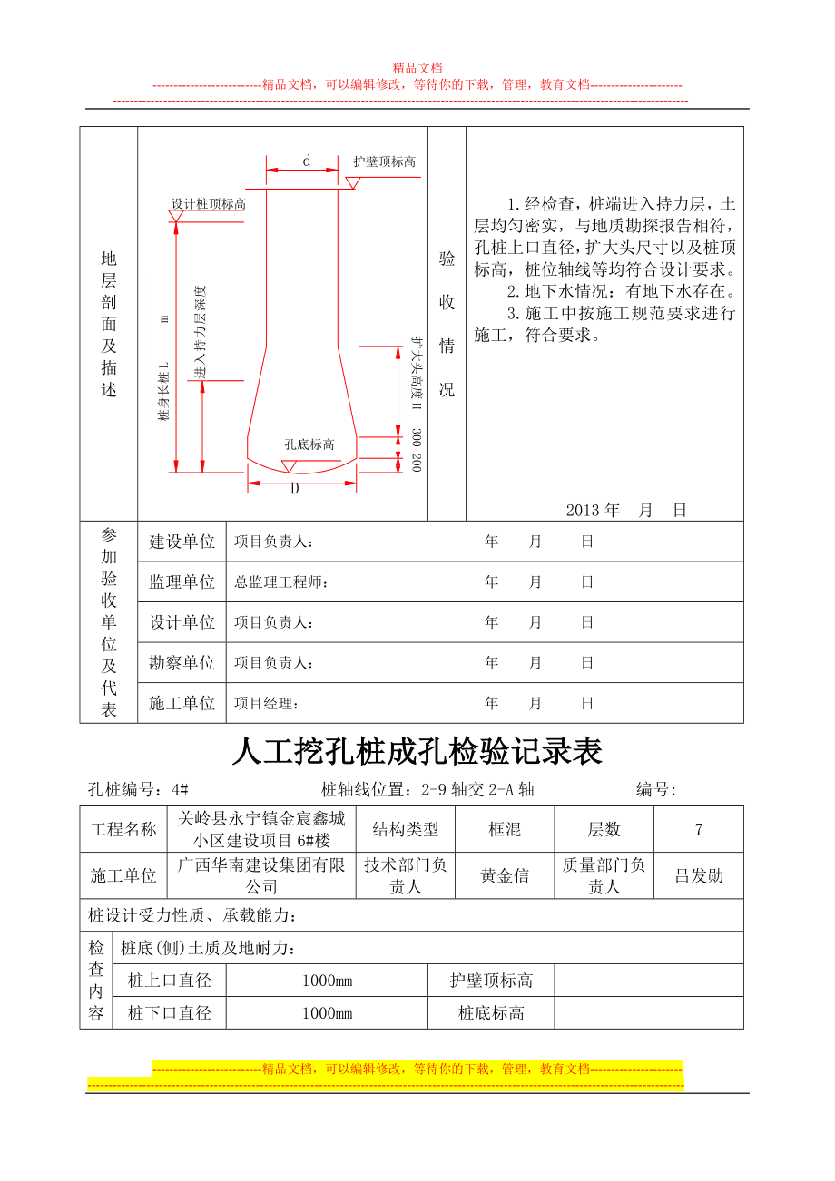 6 楼人工挖孔桩成孔检验记录表2_第4页