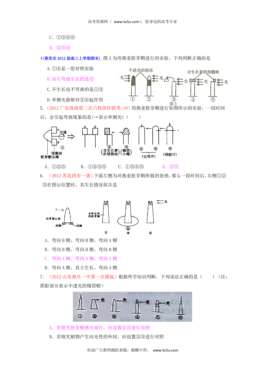 2013届高三生物一轮复习 课时训练 稳态与环境 3.1 植物生长素的发现.doc_第2页