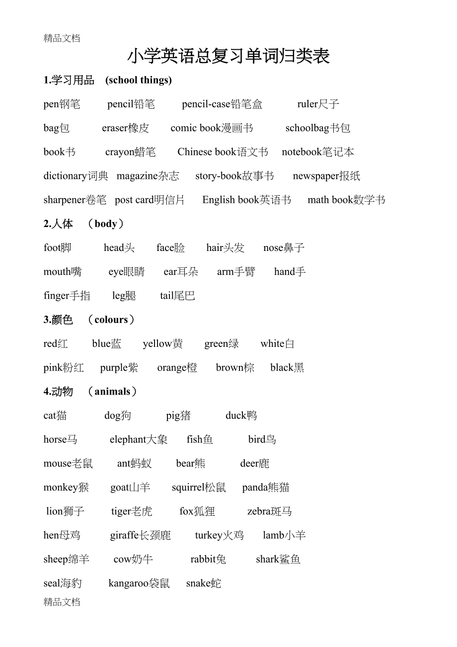 最新PEP人教小学英语单词分类复习表(全)(DOC 11页)_第1页