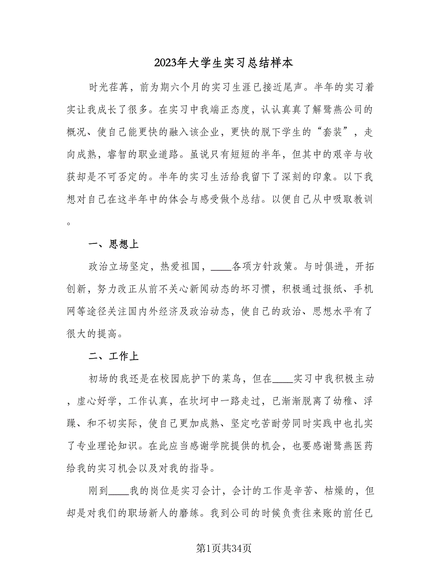 2023年大学生实习总结样本（九篇）_第1页