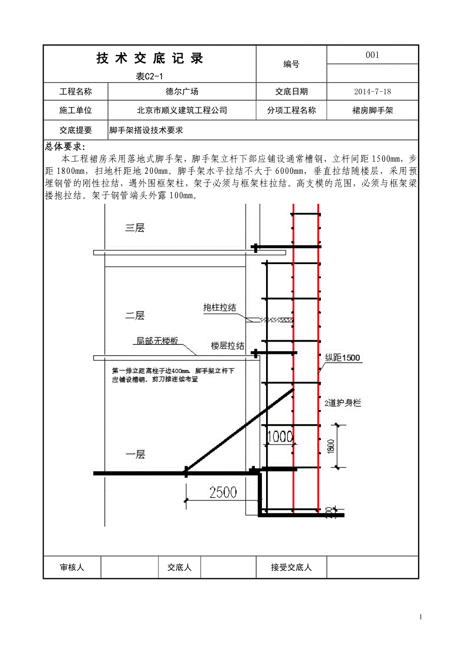 裙房落地脚手架搭设技术交底记录_第1页