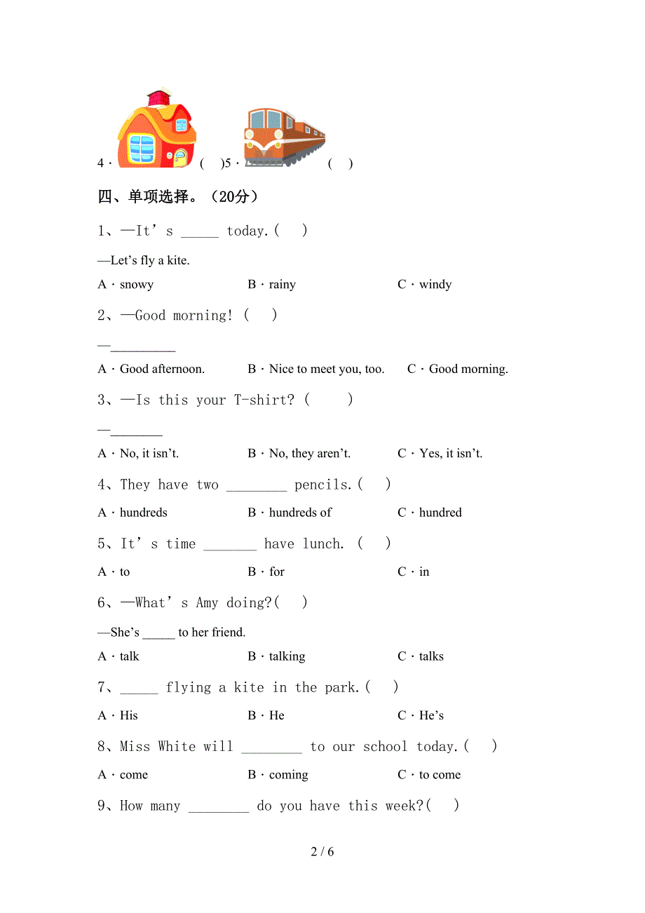 新人教版PEP四年级英语上册期中试卷【加答案】.doc_第2页