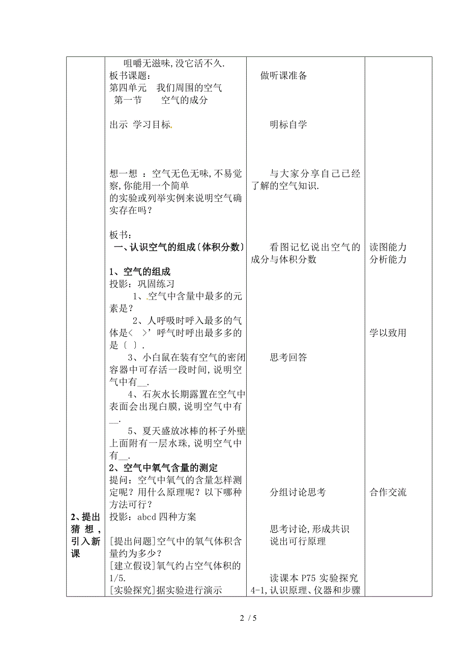 山东省滕州市大坞镇大坞中学九年级化学-第四单元-我们周围的空气-第一节-空气的成分-第一课时-教案_第2页