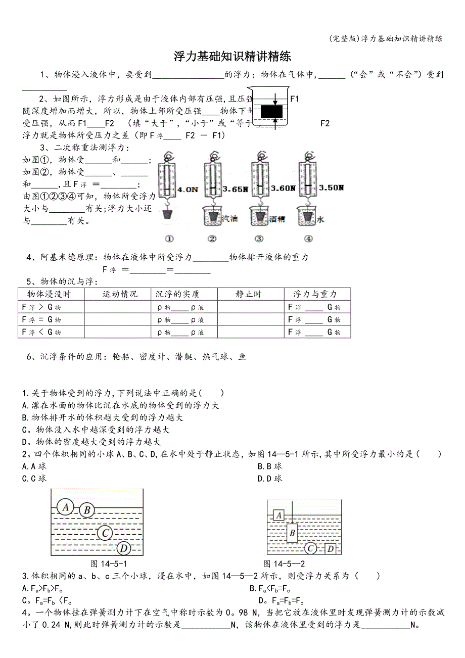 (完整版)浮力基础知识精讲精练.doc_第1页